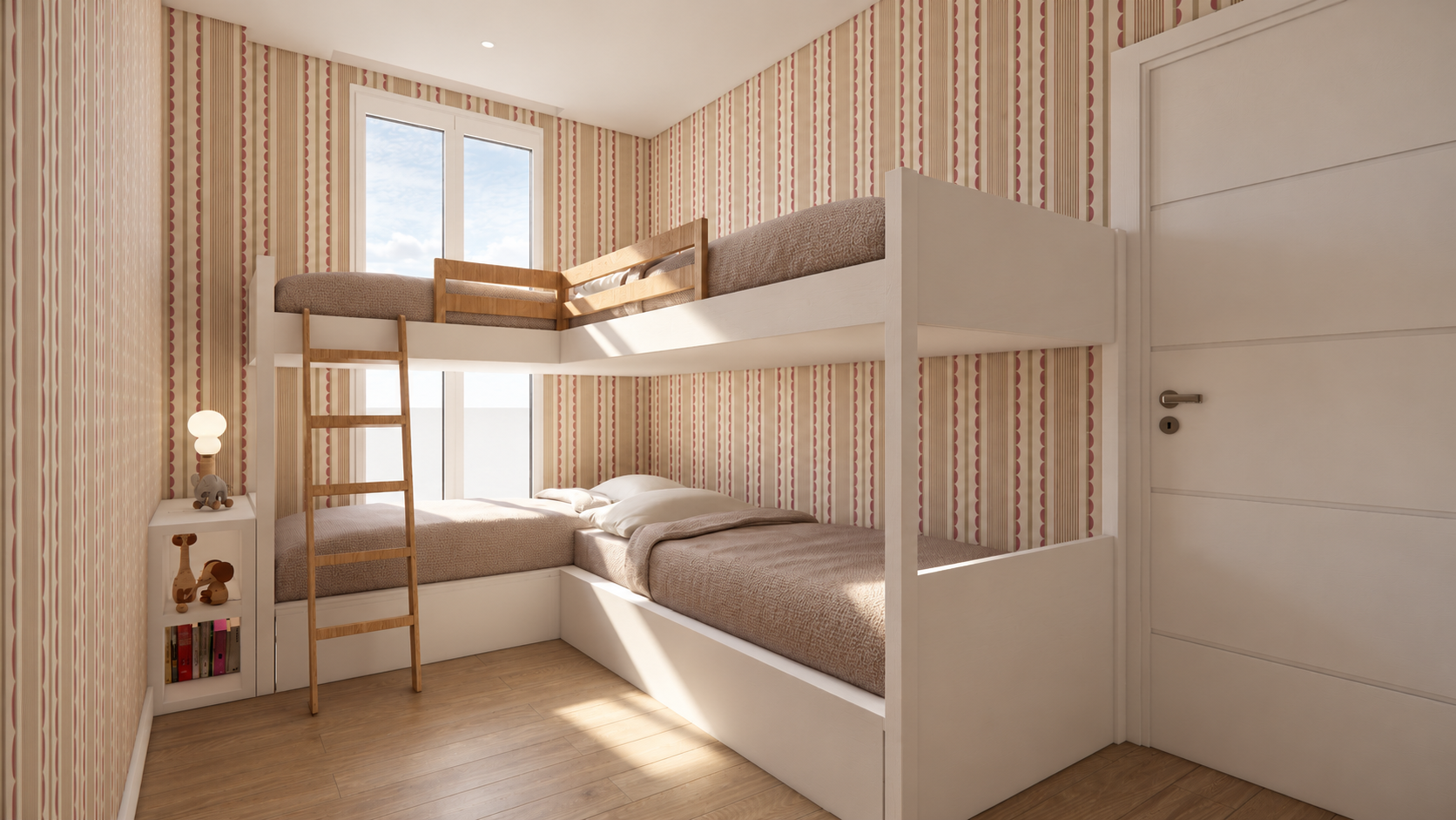 Vista general del dormitorio con camas en L, visualización mejorada